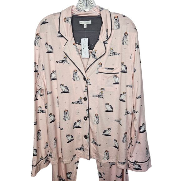 PJ SALVAGE Pajama Set Cats with Crowns Pink Women's XL Cotton Rayon Comfy NEW - Picture 2 of 7